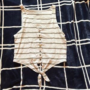 American Eagle Outfitters Cream Striped Button-Tie Tank